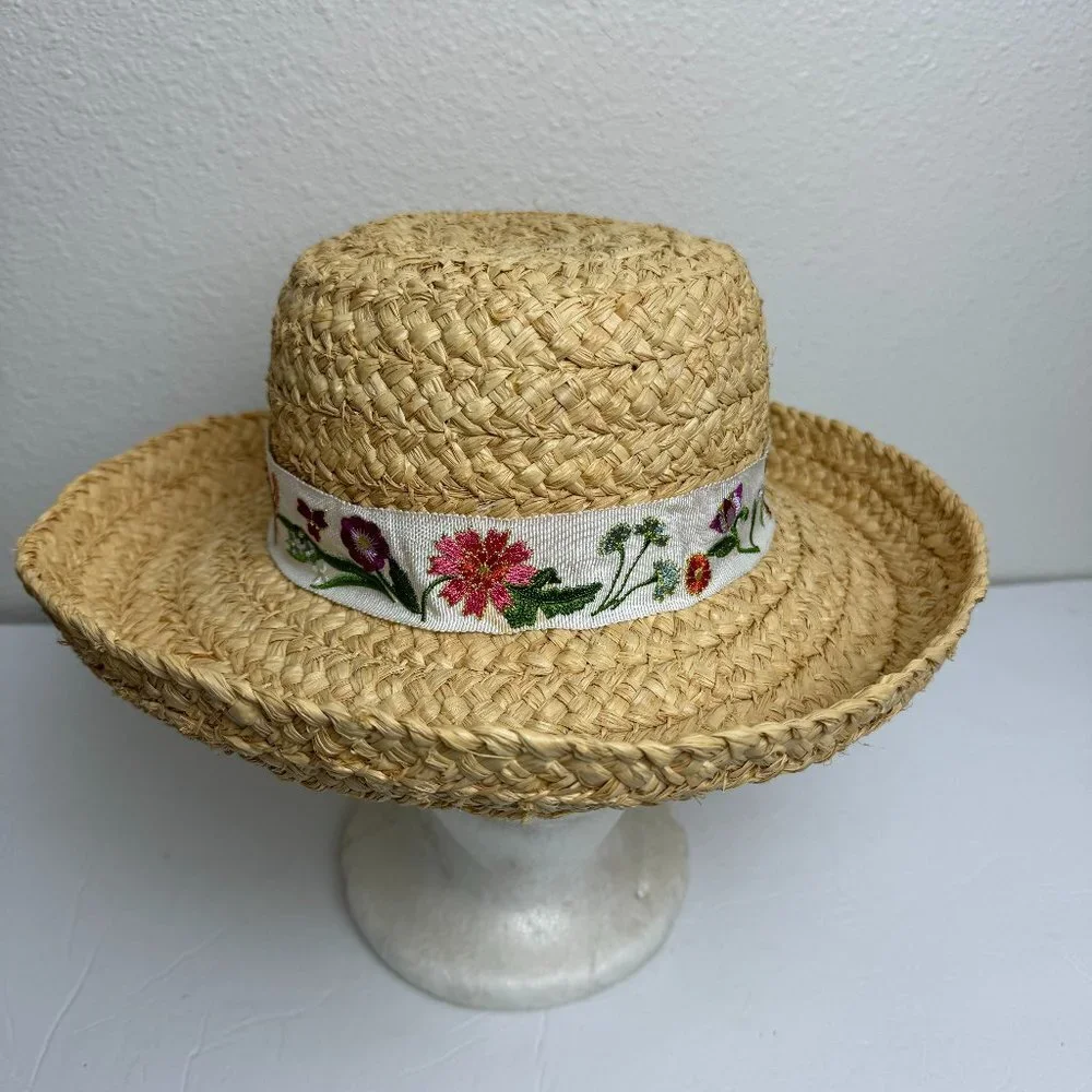 Liz Claiborne Woven Straw Raffia Sun Garden Beach Hat Natural Size 23